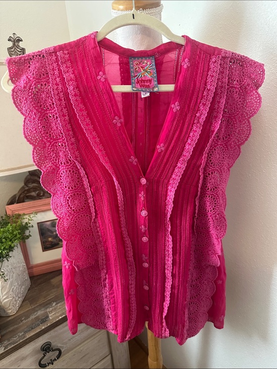 Johnny Was Tops - Johnny Was Fuchsia Eyelet Lace Button-Front Blouse